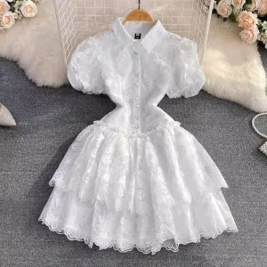 Embroidered Puff Sleeve A-Line Cake Dress for Women     S4324