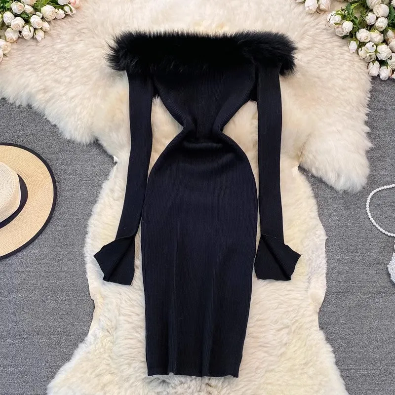 fashion new sexy off-shoulder tight knitted dress       S4241