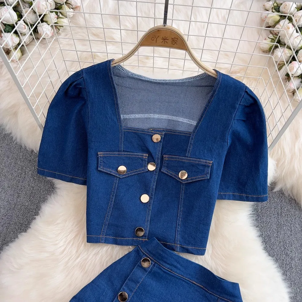 Fashion suit for women hot girl square neck puff short-sleeved denim shirt two-piece set       S4100