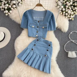 Fashion suit for women hot girl square neck puff short-sleeved denim shirt two-piece set       S4100