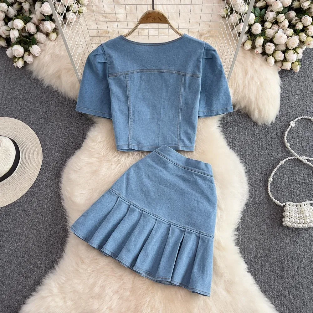 Fashion suit for women hot girl square neck puff short-sleeved denim shirt two-piece set       S4100