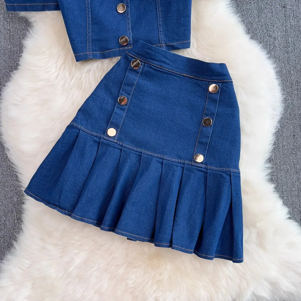 Fashion suit for women hot girl square neck puff short-sleeved denim shirt two-piece set       S4100