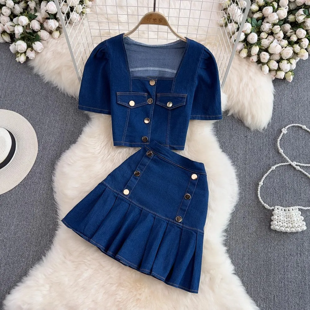 Fashion suit for women hot girl square neck puff short-sleeved denim shirt two-piece set       S4100