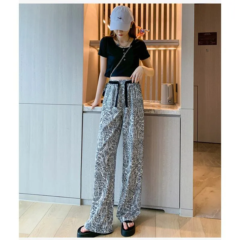 Floor-Length Casual Straight Plus Draping Silky High-Waisted Pants