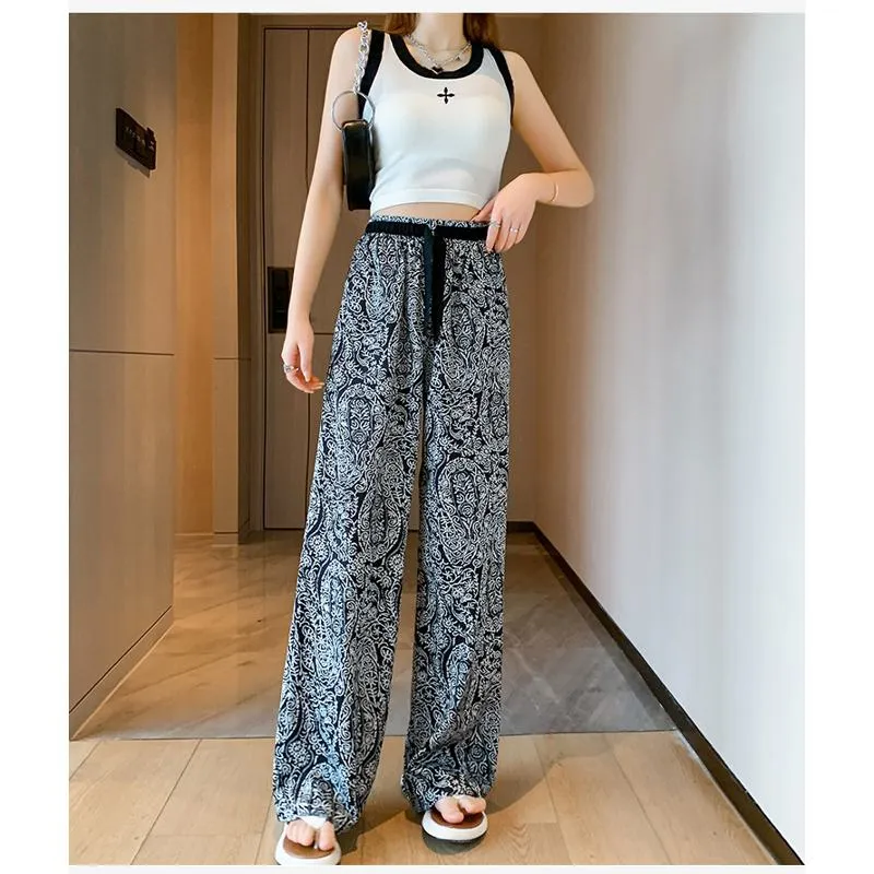 Floor-Length Casual Straight Plus Draping Silky High-Waisted Pants