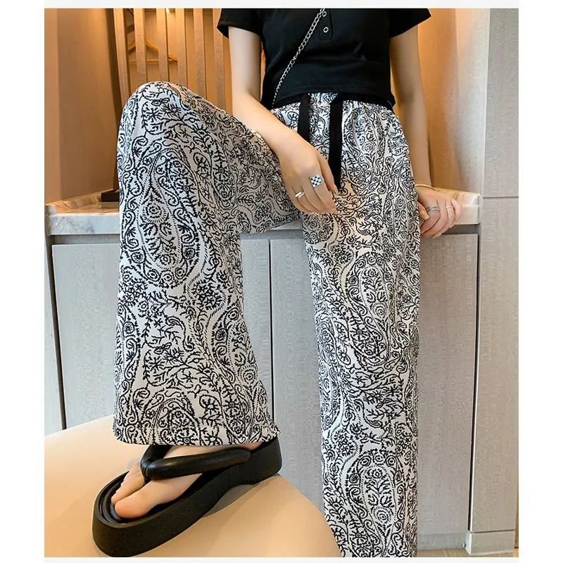 Floor-Length Casual Straight Plus Draping Silky High-Waisted Pants