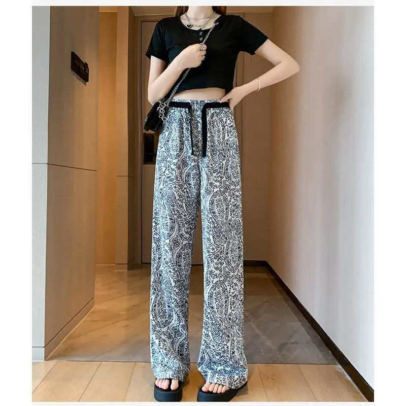 Floor-Length Casual Straight Plus Draping Silky High-Waisted Pants