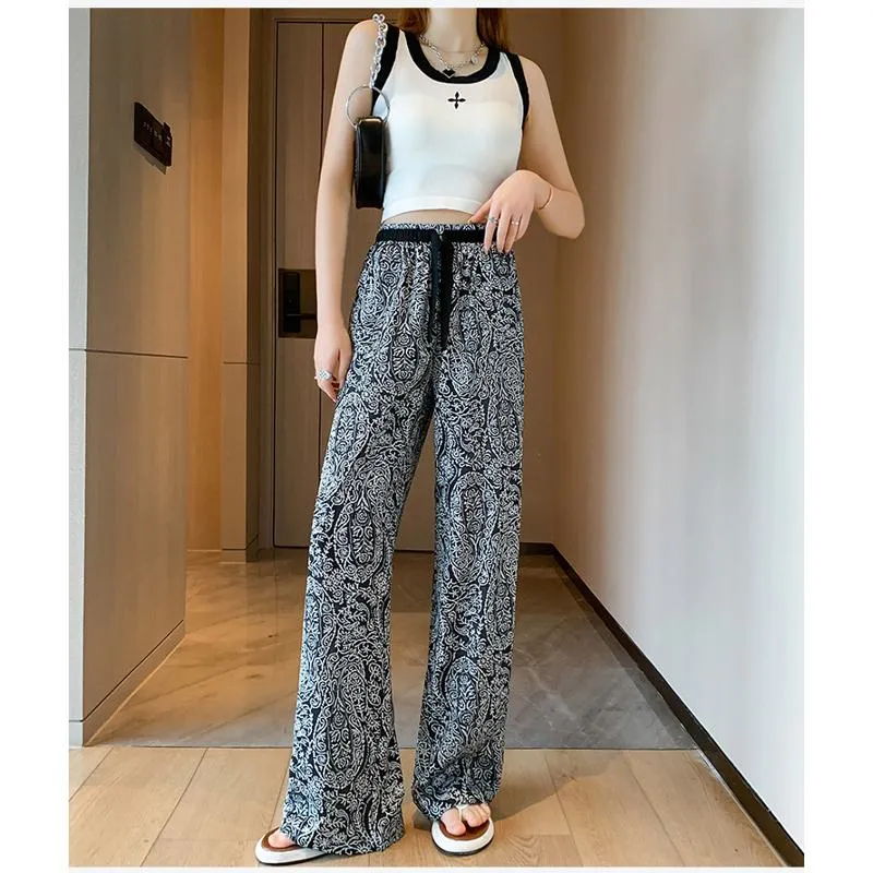 Floor-Length Casual Straight Plus Draping Silky High-Waisted Pants