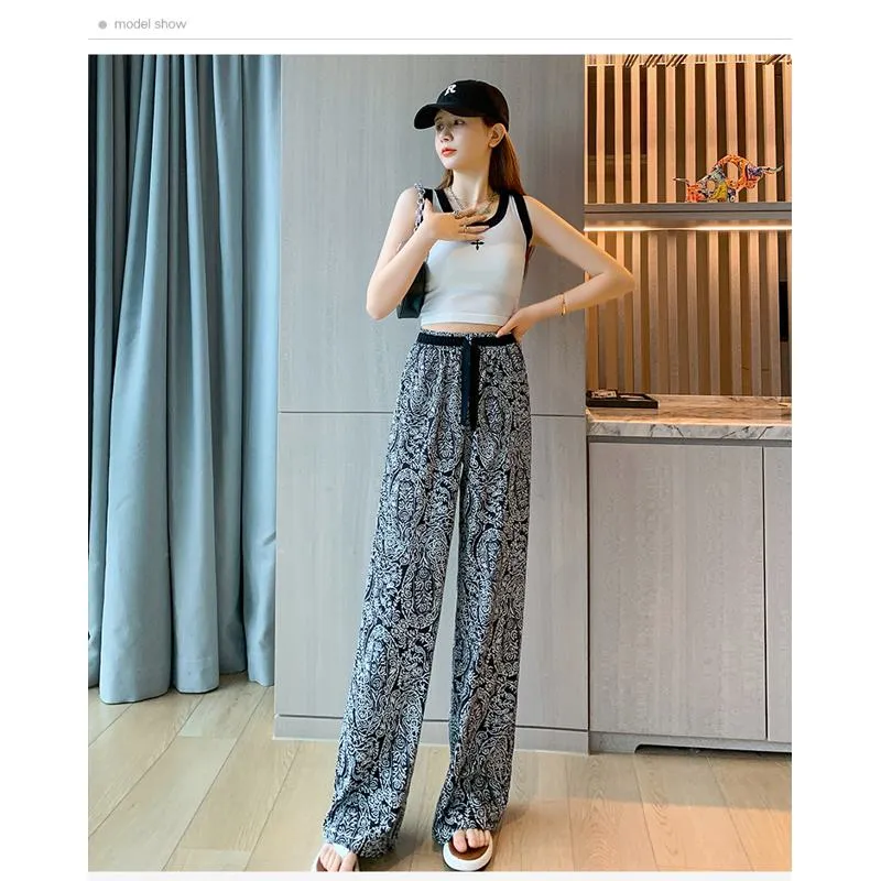 Floor-Length Casual Straight Plus Draping Silky High-Waisted Pants