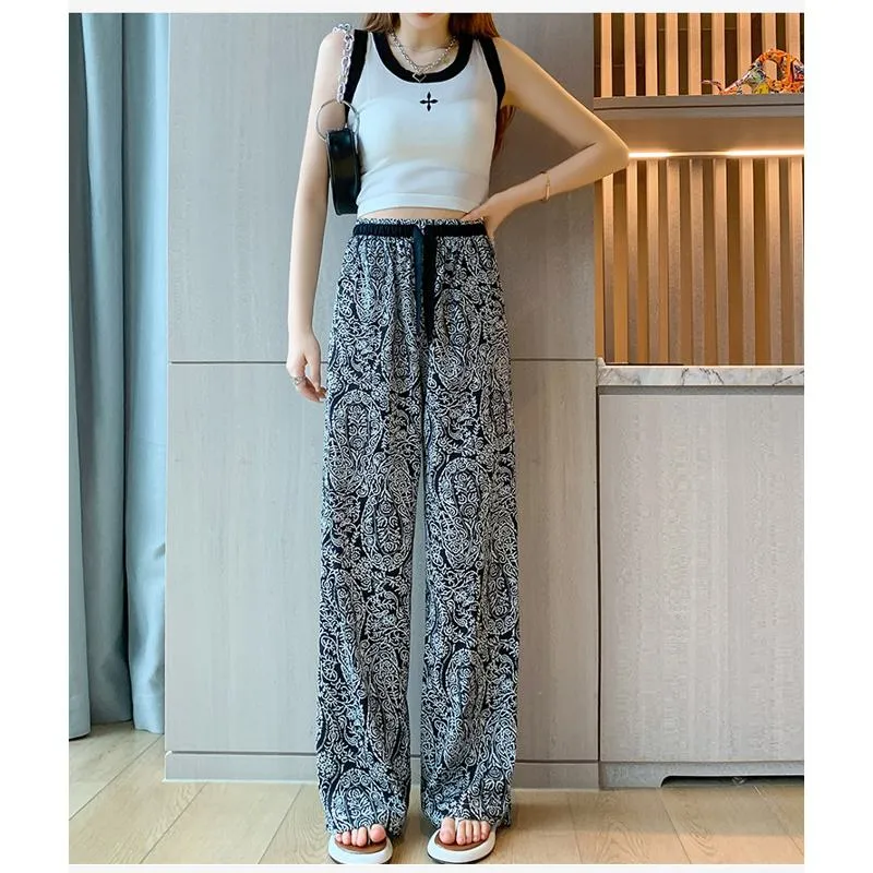 Floor-Length Casual Straight Plus Draping Silky High-Waisted Pants