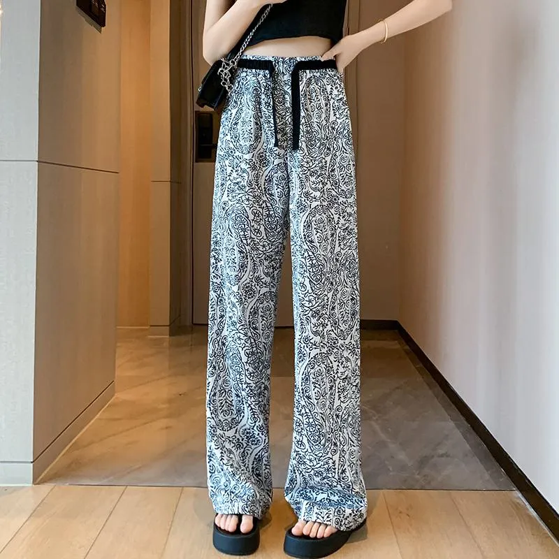 Floor-Length Casual Straight Plus Draping Silky High-Waisted Pants