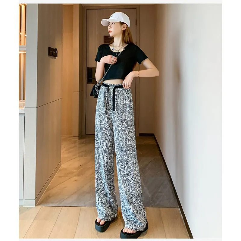 Floor-Length Casual Straight Plus Draping Silky High-Waisted Pants