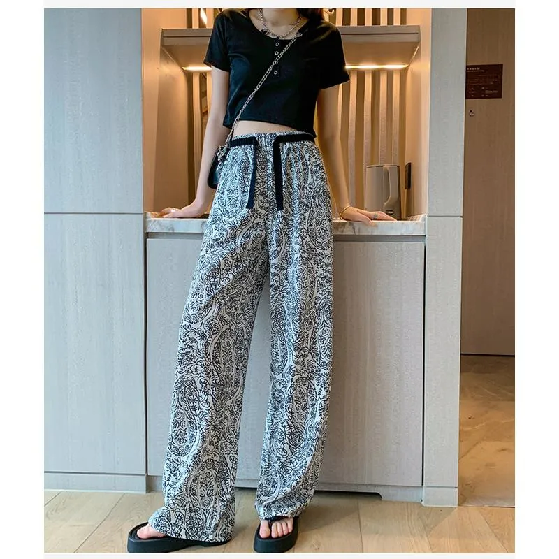 Floor-Length Casual Straight Plus Draping Silky High-Waisted Pants