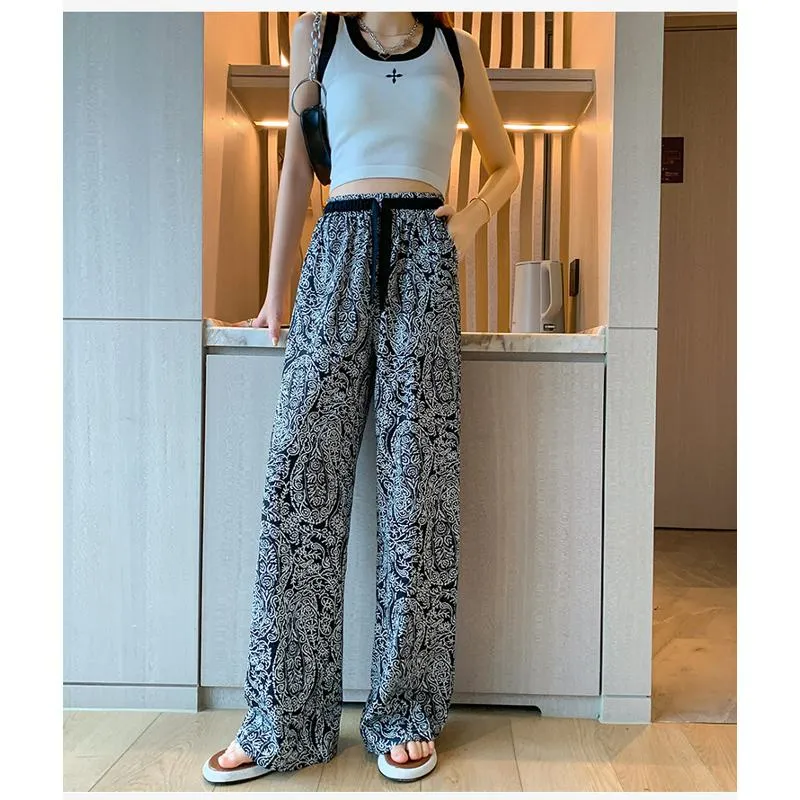 Floor-Length Casual Straight Plus Draping Silky High-Waisted Pants