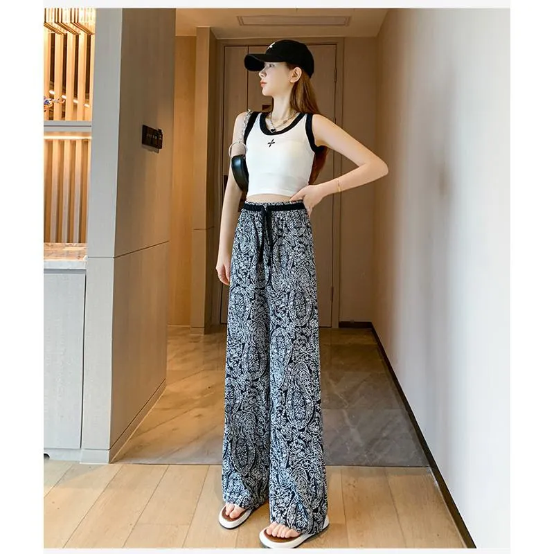 Floor-Length Casual Straight Plus Draping Silky High-Waisted Pants