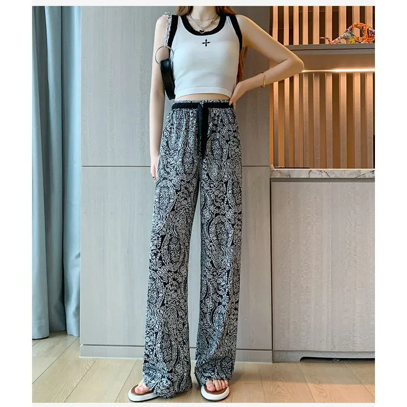 Floor-Length Casual Straight Plus Draping Silky High-Waisted Pants