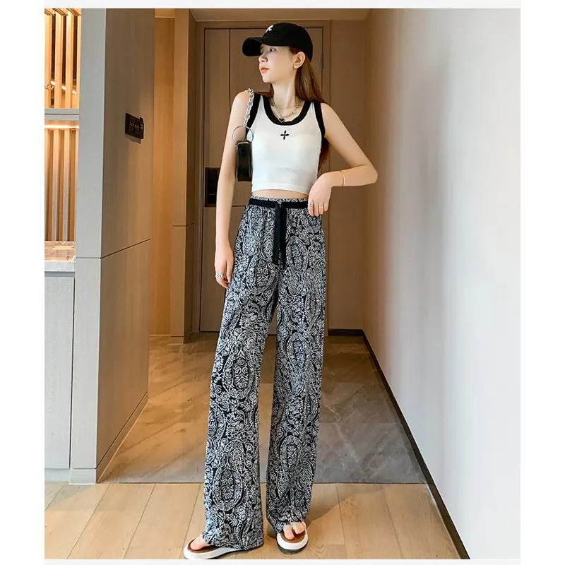 Floor-Length Casual Straight Plus Draping Silky High-Waisted Pants