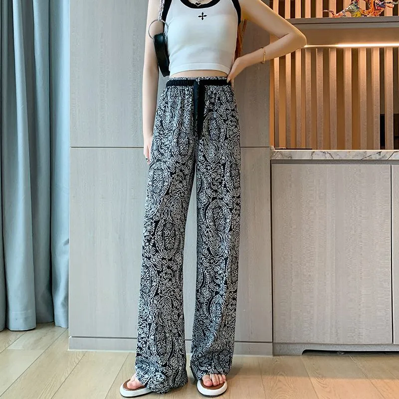 Floor-Length Casual Straight Plus Draping Silky High-Waisted Pants