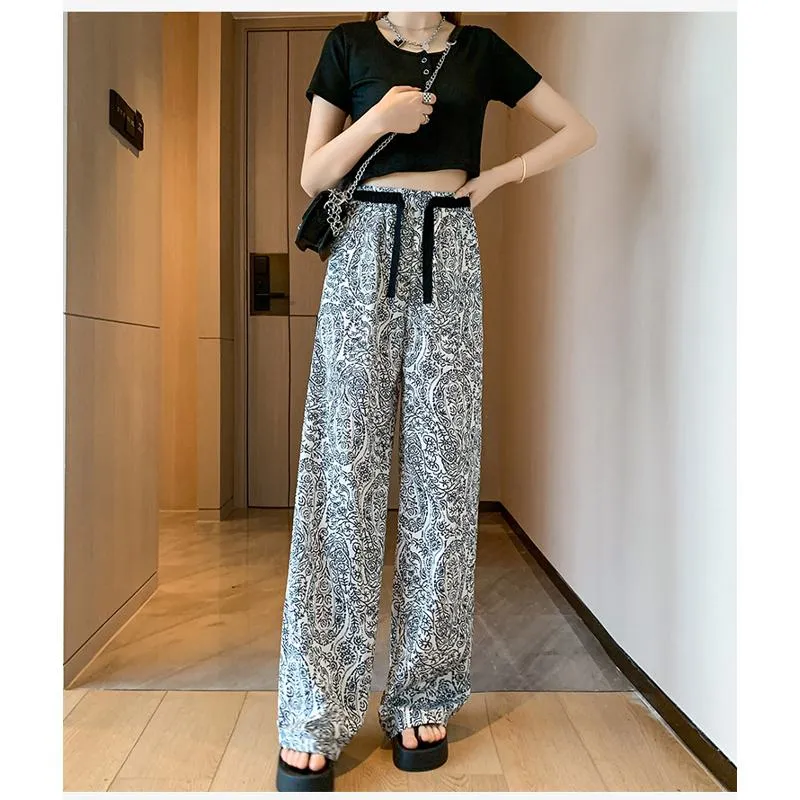 Floor-Length Casual Straight Plus Draping Silky High-Waisted Pants