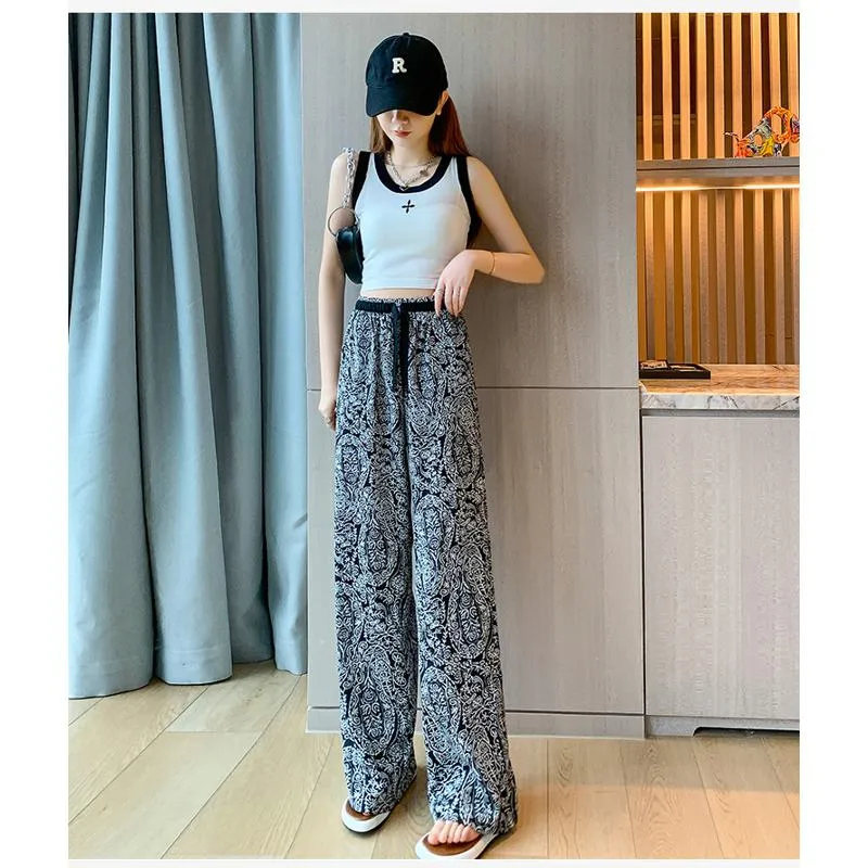 Floor-Length Casual Straight Plus Draping Silky High-Waisted Pants