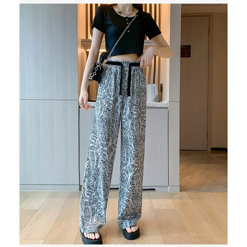 Floor-Length Casual Straight Plus Draping Silky High-Waisted Pants