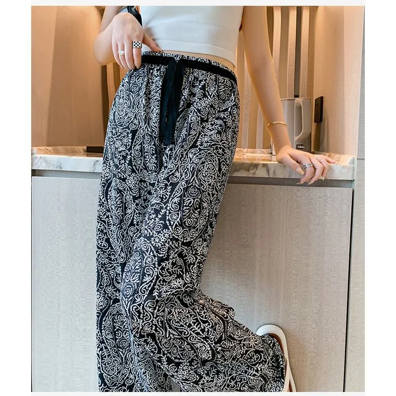 Floor-Length Casual Straight Plus Draping Silky High-Waisted Pants