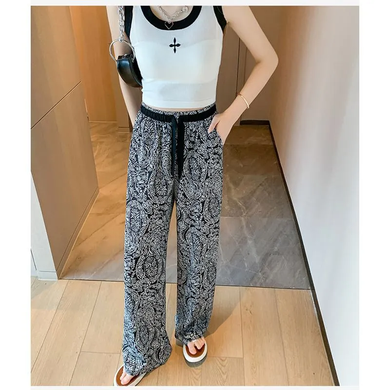 Floor-Length Casual Straight Plus Draping Silky High-Waisted Pants