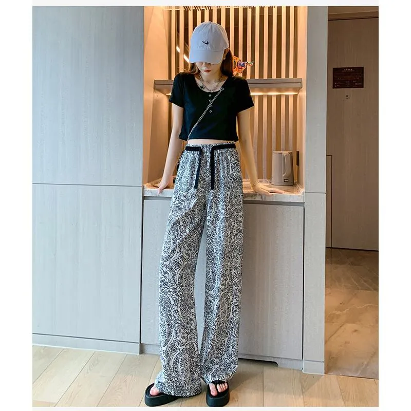 Floor-Length Casual Straight Plus Draping Silky High-Waisted Pants