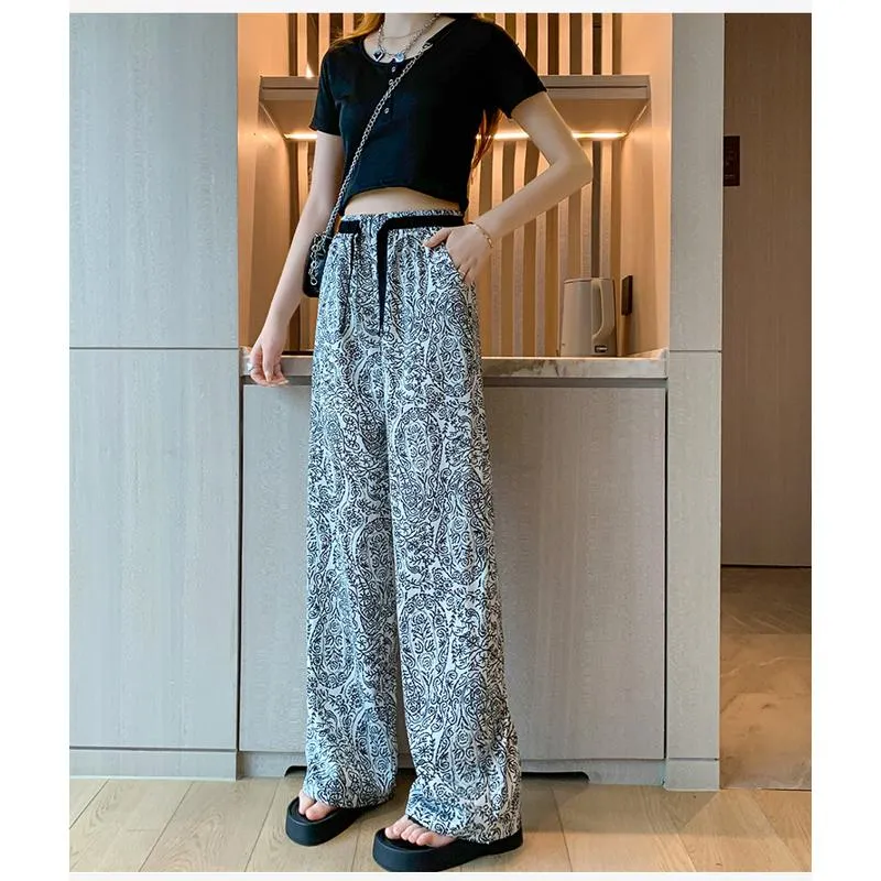 Floor-Length Casual Straight Plus Draping Silky High-Waisted Pants