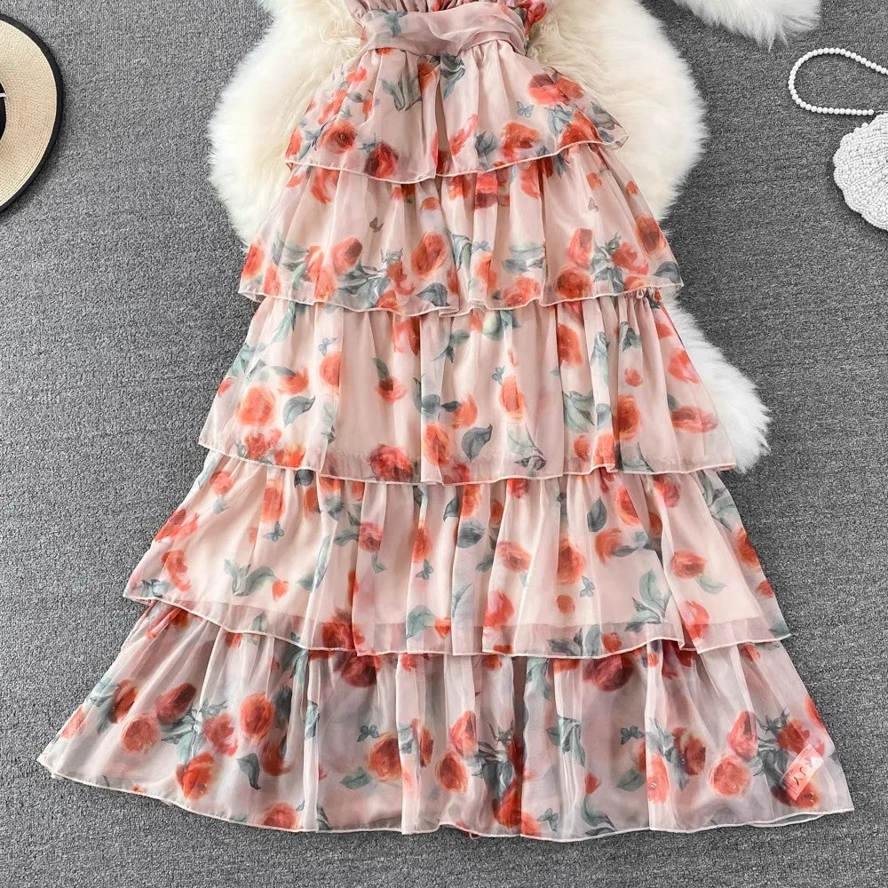 Floral Long Skirt Sweet Sleeveless A-Line Chiffon Dress     S4323