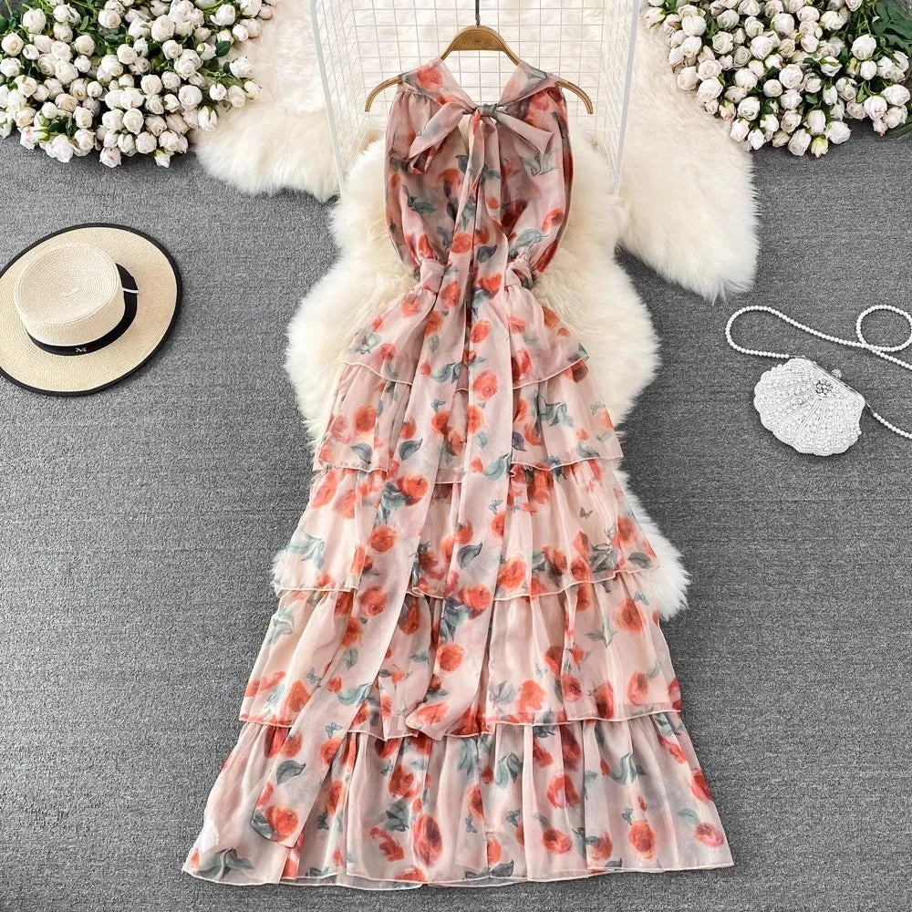 Floral Long Skirt Sweet Sleeveless A-Line Chiffon Dress     S4323