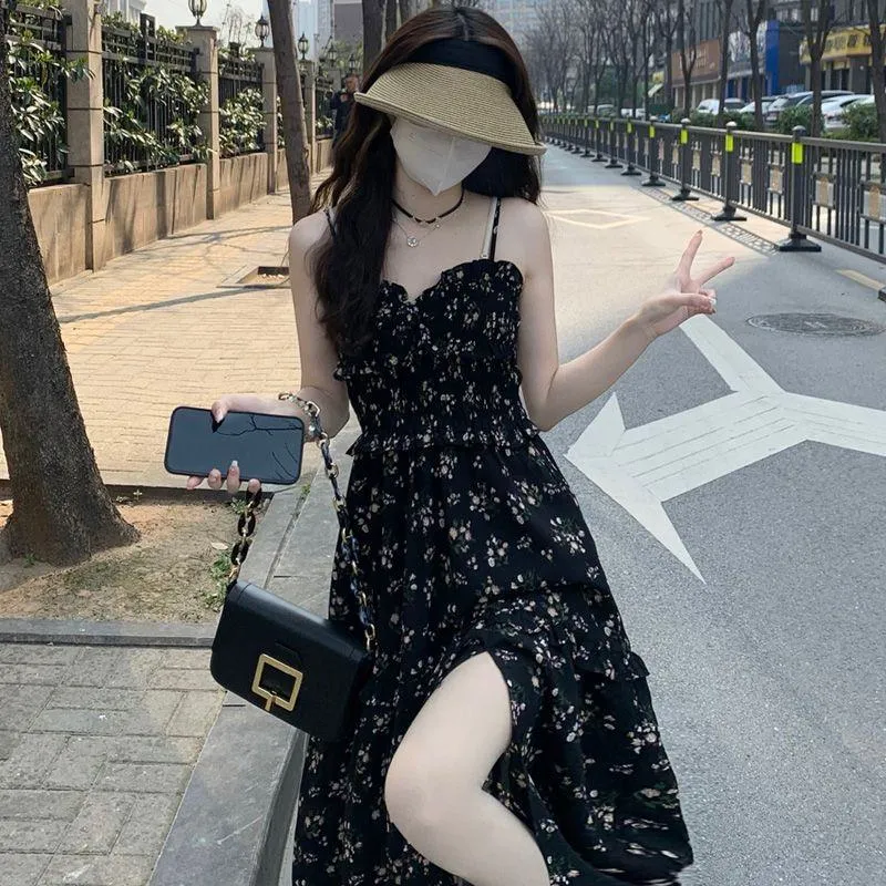 French Style Floral Print Split Long Style Gentle Dress