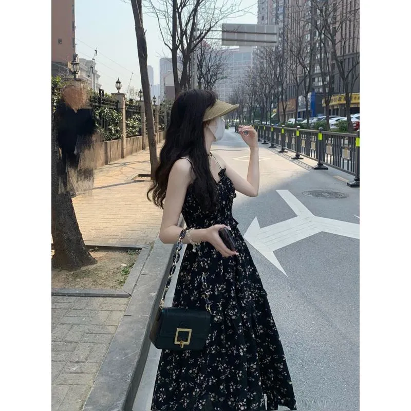 French Style Floral Print Split Long Style Gentle Dress