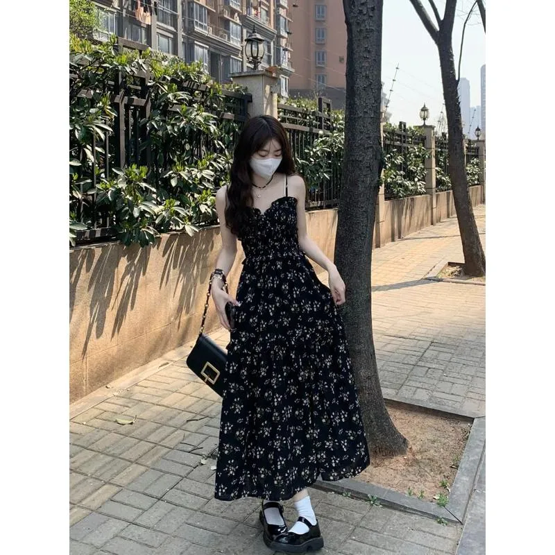 French Style Floral Print Split Long Style Gentle Dress