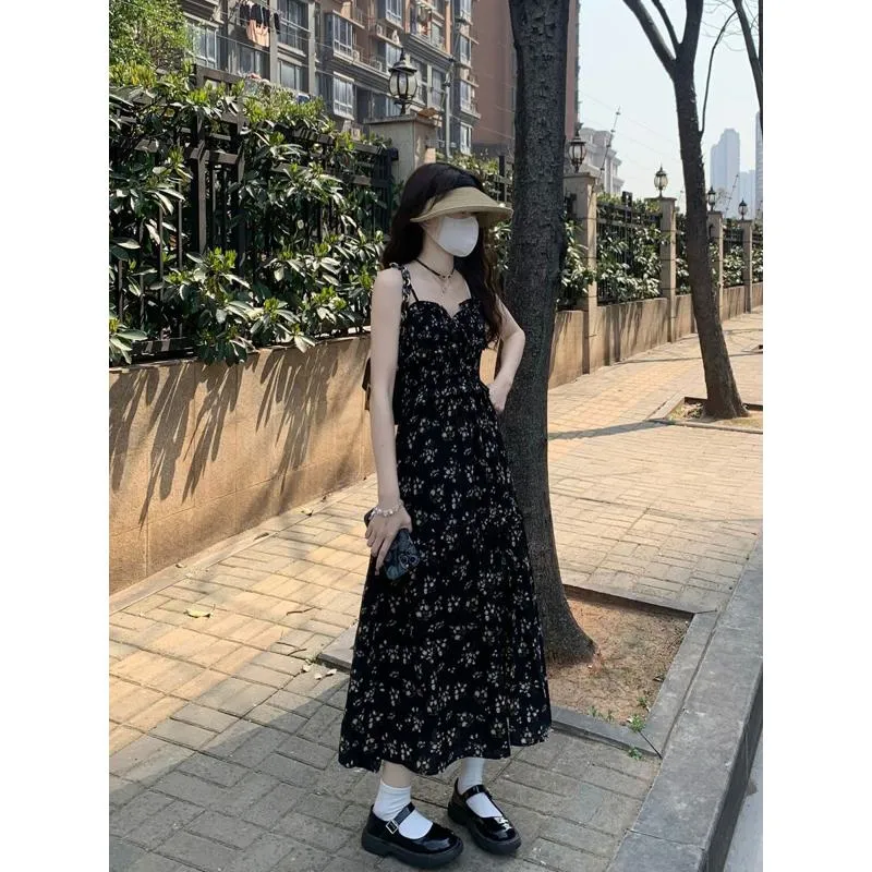 French Style Floral Print Split Long Style Gentle Dress