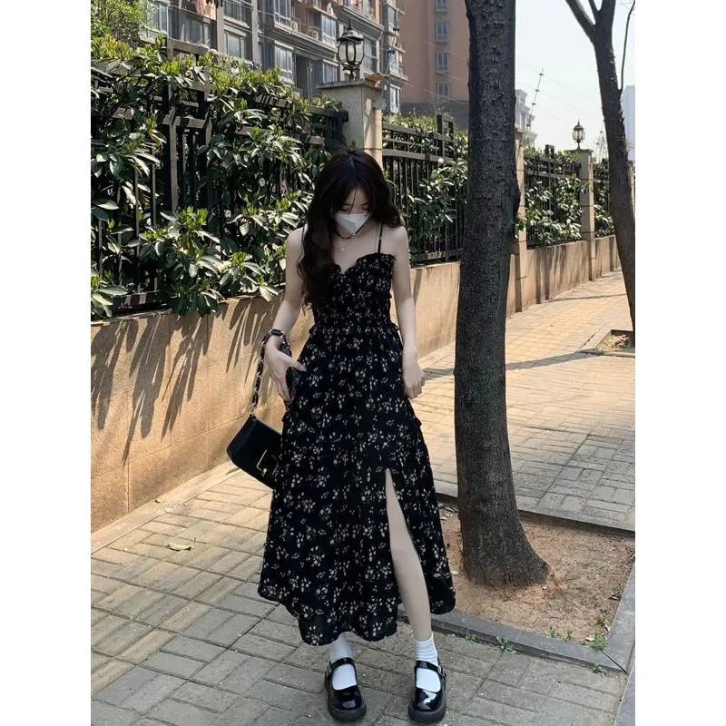 French Style Floral Print Split Long Style Gentle Dress