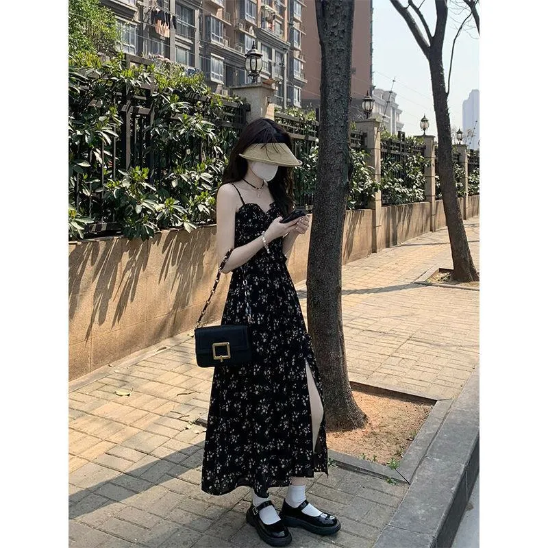 French Style Floral Print Split Long Style Gentle Dress