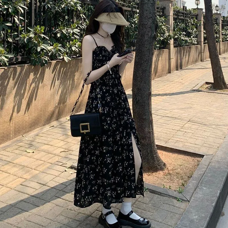 French Style Floral Print Split Long Style Gentle Dress