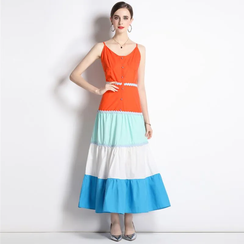 Full Skirt Style High-Waisted Patchwork A-Line Color Blocking Dress