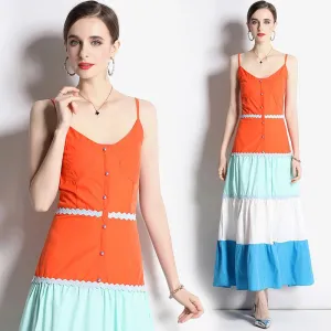 Full Skirt Style High-Waisted Patchwork A-Line Color Blocking Dress