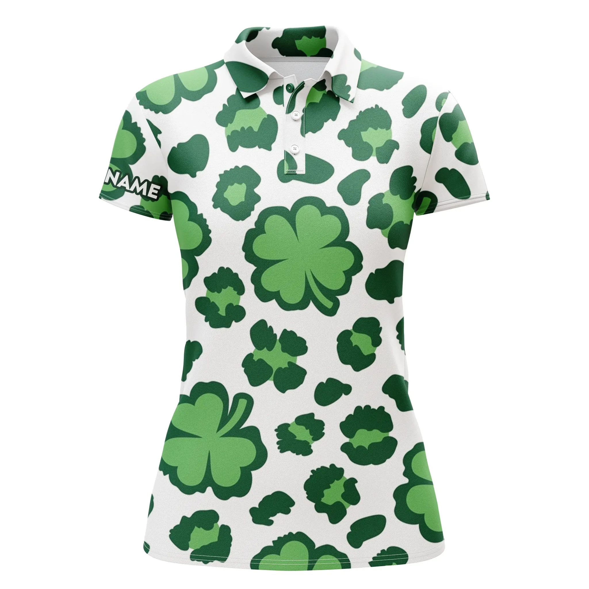 Funny Women Golf Polo Shirt Clover And Leopard Pattern St. Patrick's Day Custom Name Golfing Gifts