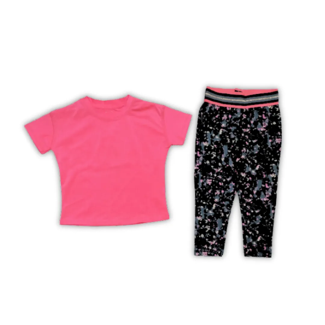 Girls pink shirt with printed tights 2pc