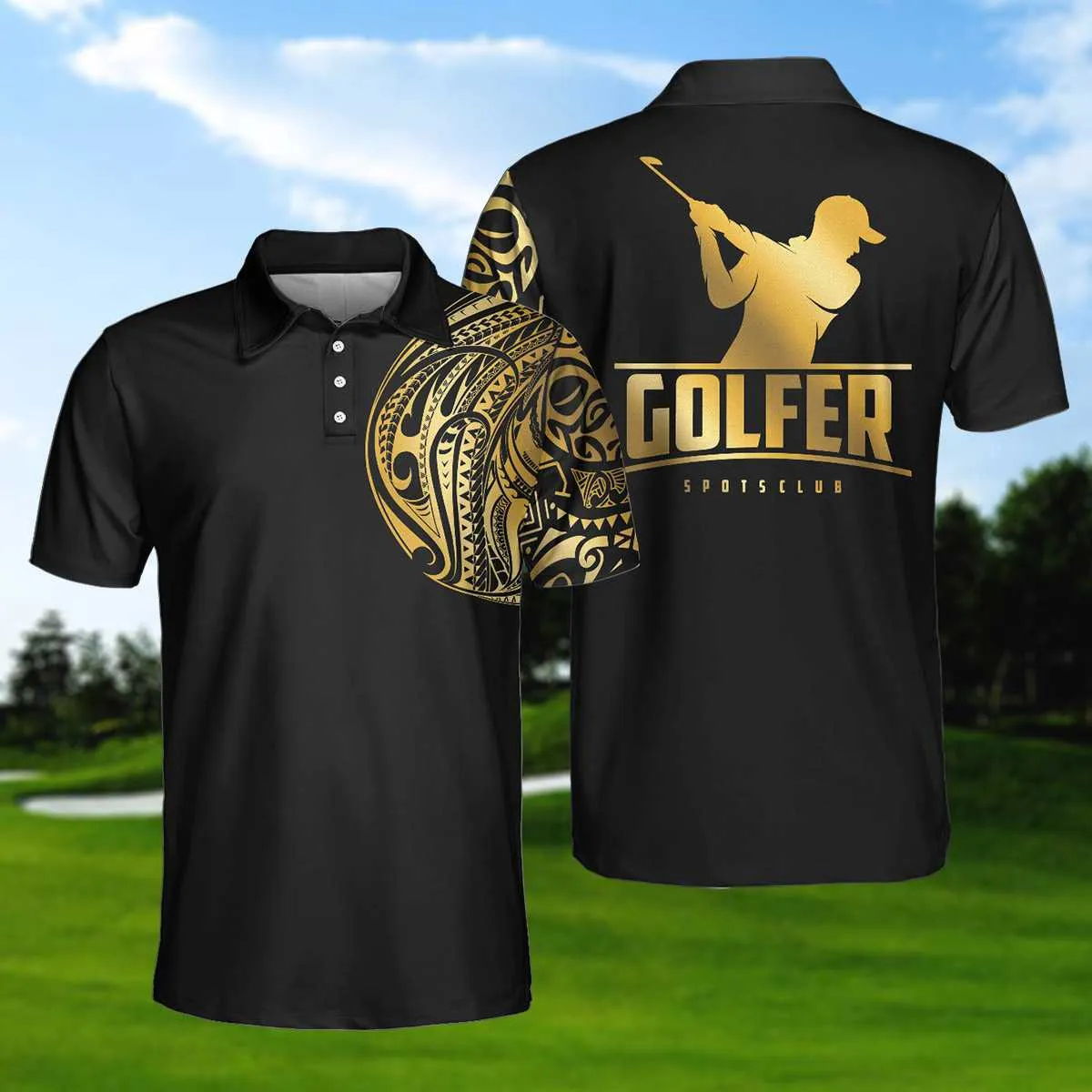 Golden Tattoo Golf Polo Shirt, Black And Golf Modern Greek Key Pattern Polo Shirt, Best Golf Shirt For Men Coolspod