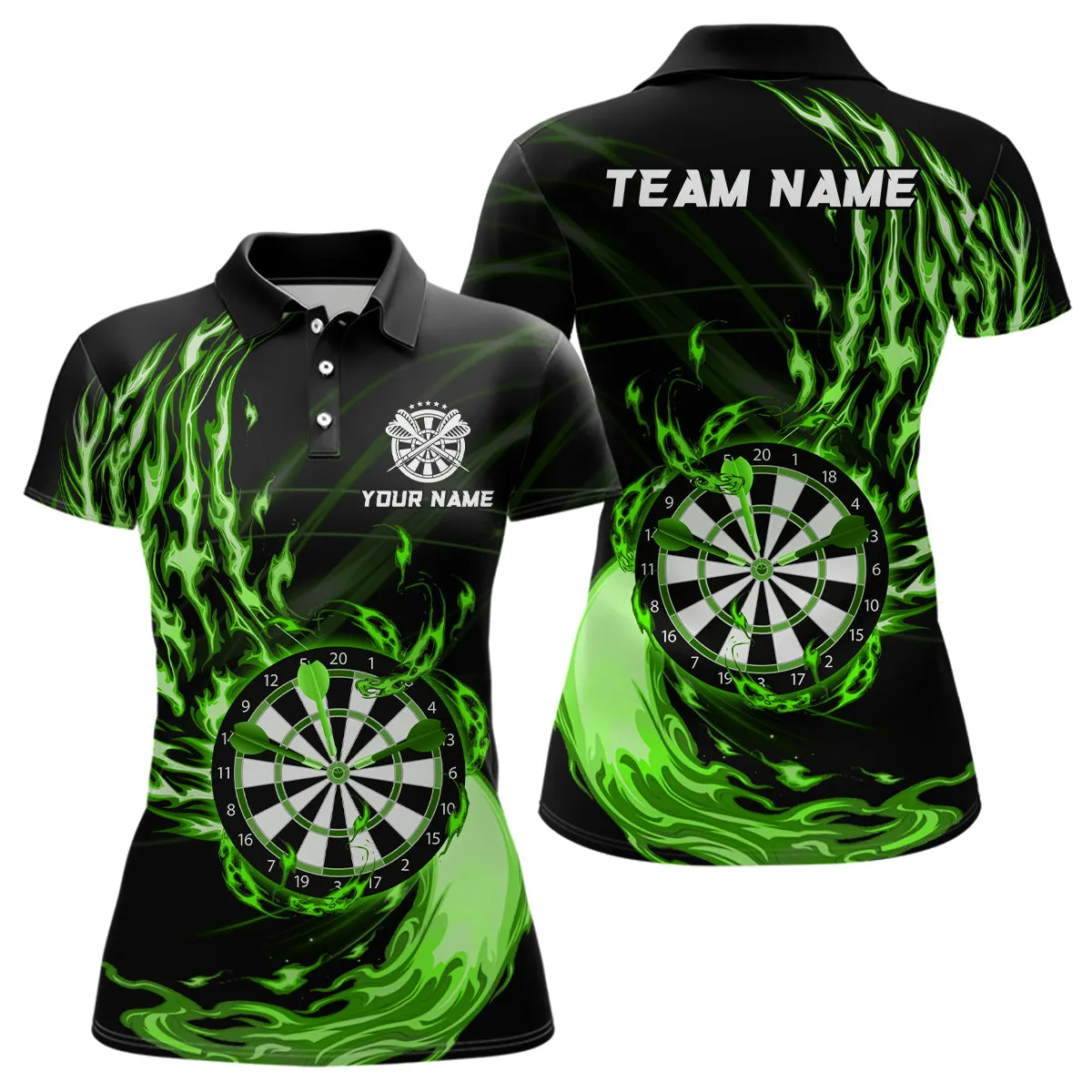 Green Fire Flame Womens Darts Polo Shirt Custom Dart Shirts For Women, Gift for Dart Lovers