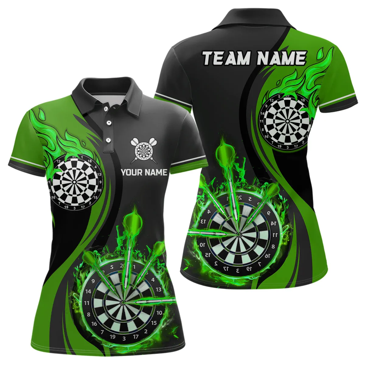 Green Fire Flame Womens Darts Polo Shirt Custom Dart Shirts For Women, Gift for Dart Lovers