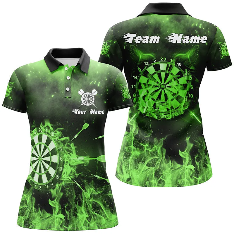 Green Fire Flame Womens Darts Polo Shirt Custom Dart Shirts For Women, Gift for Dart Lovers