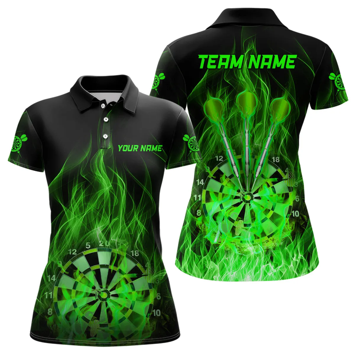 Green Fire Flame Womens Darts Polo Shirt Custom Dart Shirts For Women, Gift for Dart Lovers