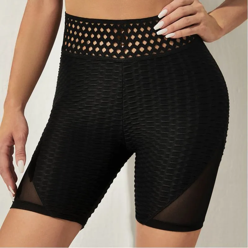 High-Waisted Yoga Elasticity Jacquard Weave Pattern Sports Pineapple Hollowed-Out Mesh Sports Shorts