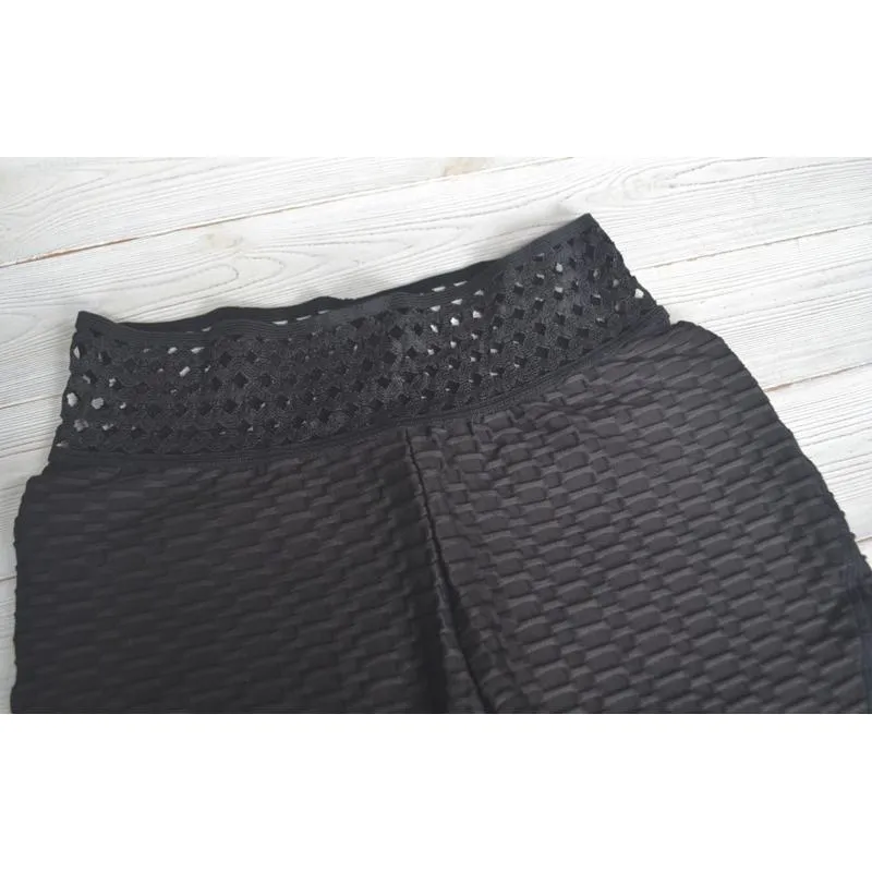 High-Waisted Yoga Elasticity Jacquard Weave Pattern Sports Pineapple Hollowed-Out Mesh Sports Shorts