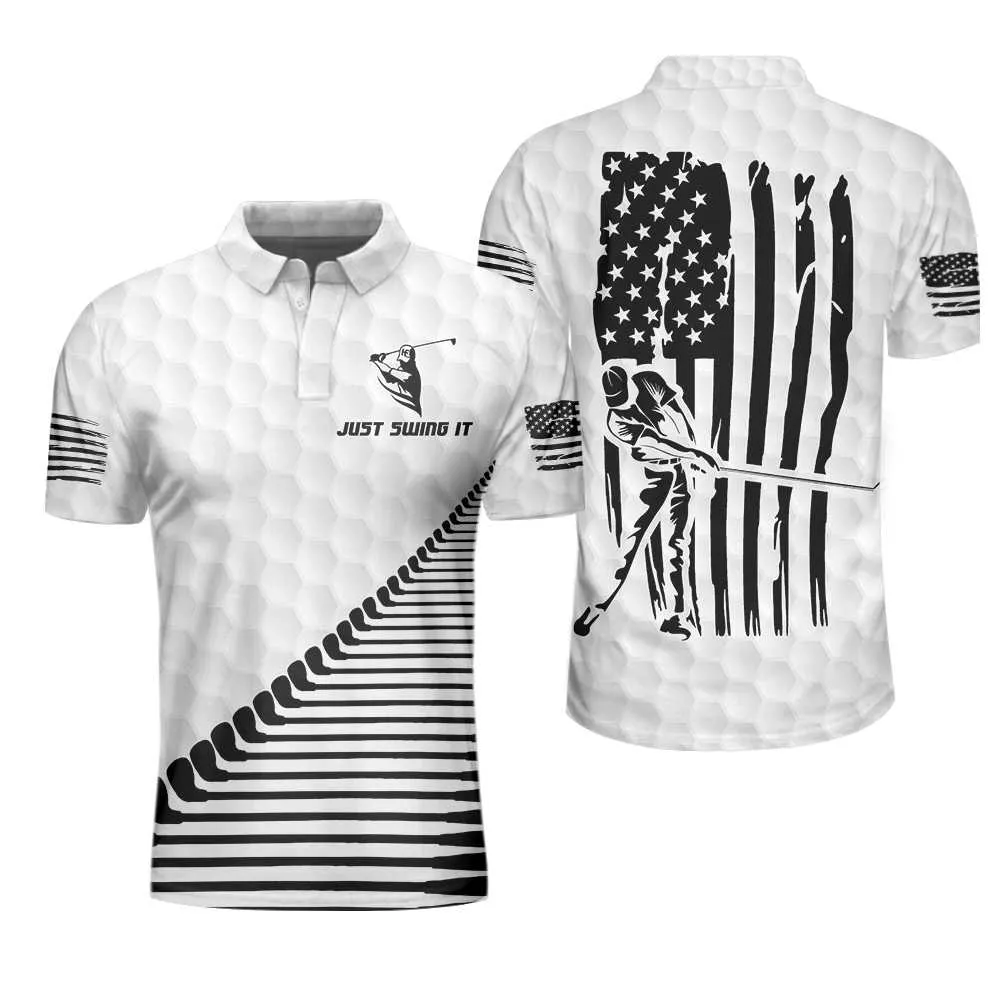 Just Swing It American Golfer Polo Shirt, Black And White American Flag Golf Shirt For Men Coolspod